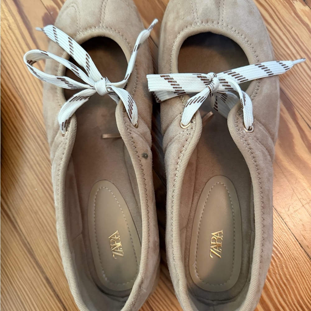 Zara Taupe Suede Tie-Front Ballet Flats